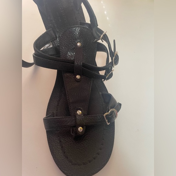 Sigerson Morrison Women’s Greek Black Leather Wood Heel Sandals - Picture 10 of 16